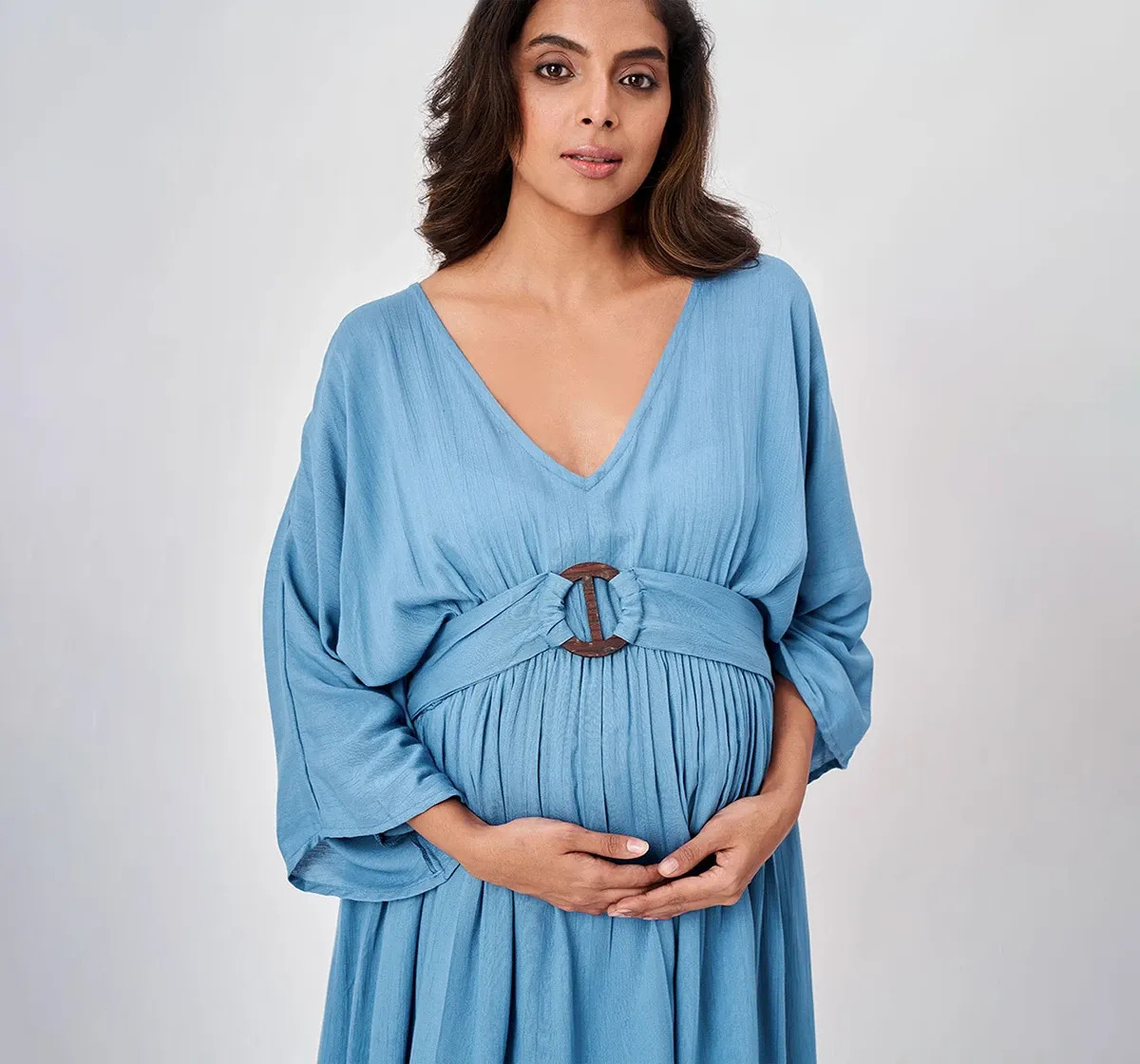 Maternity Solid Full Sleeves Dress -Blue
