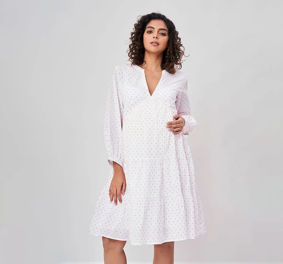 Maternity  Women Dobby Weave Full Sleeves Dress -White