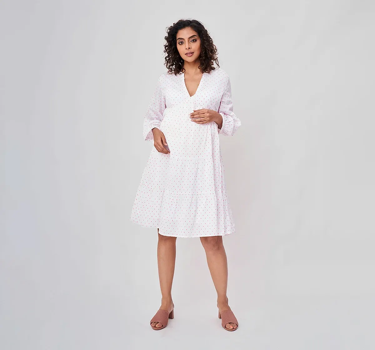 Maternity  Women Dobby Weave Full Sleeves Dress -White