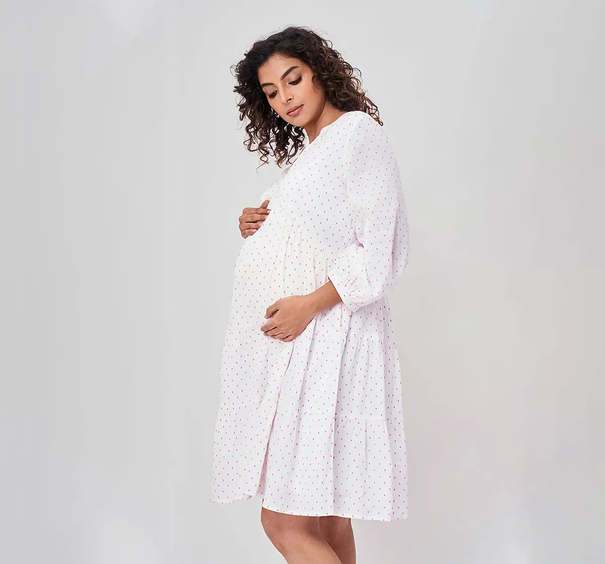 Maternity Women Dobby Weave Full Sleeves Dress -White