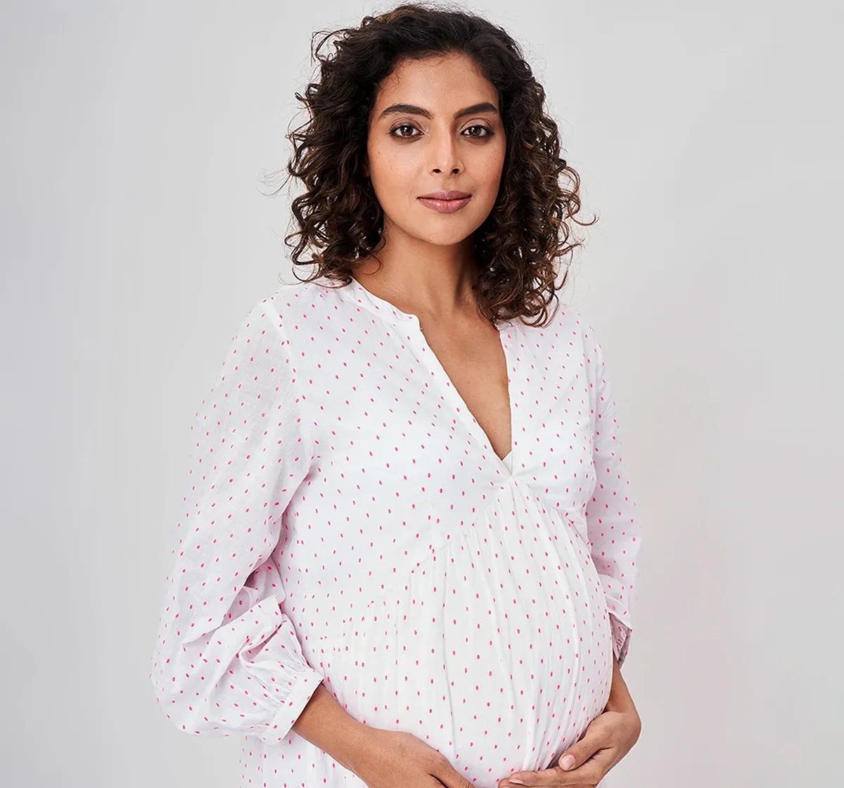 Maternity Women Dobby Weave Full Sleeves Dress -White