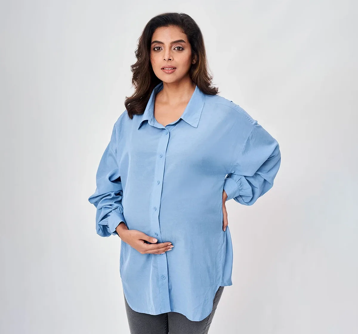 Maternity Solid Full Sleeves Shirts -Blue