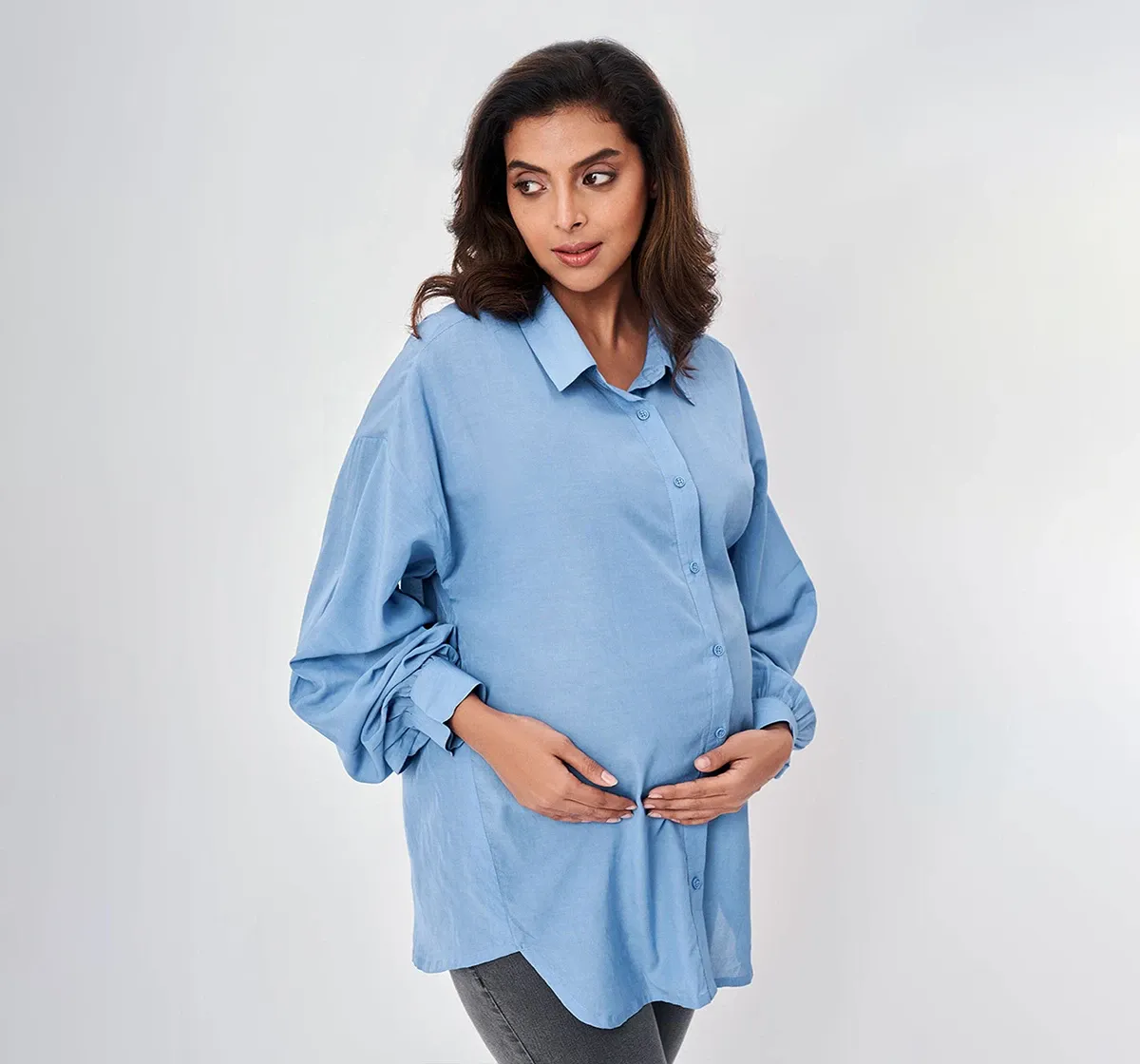 Maternity Solid Full Sleeves Shirts -Blue