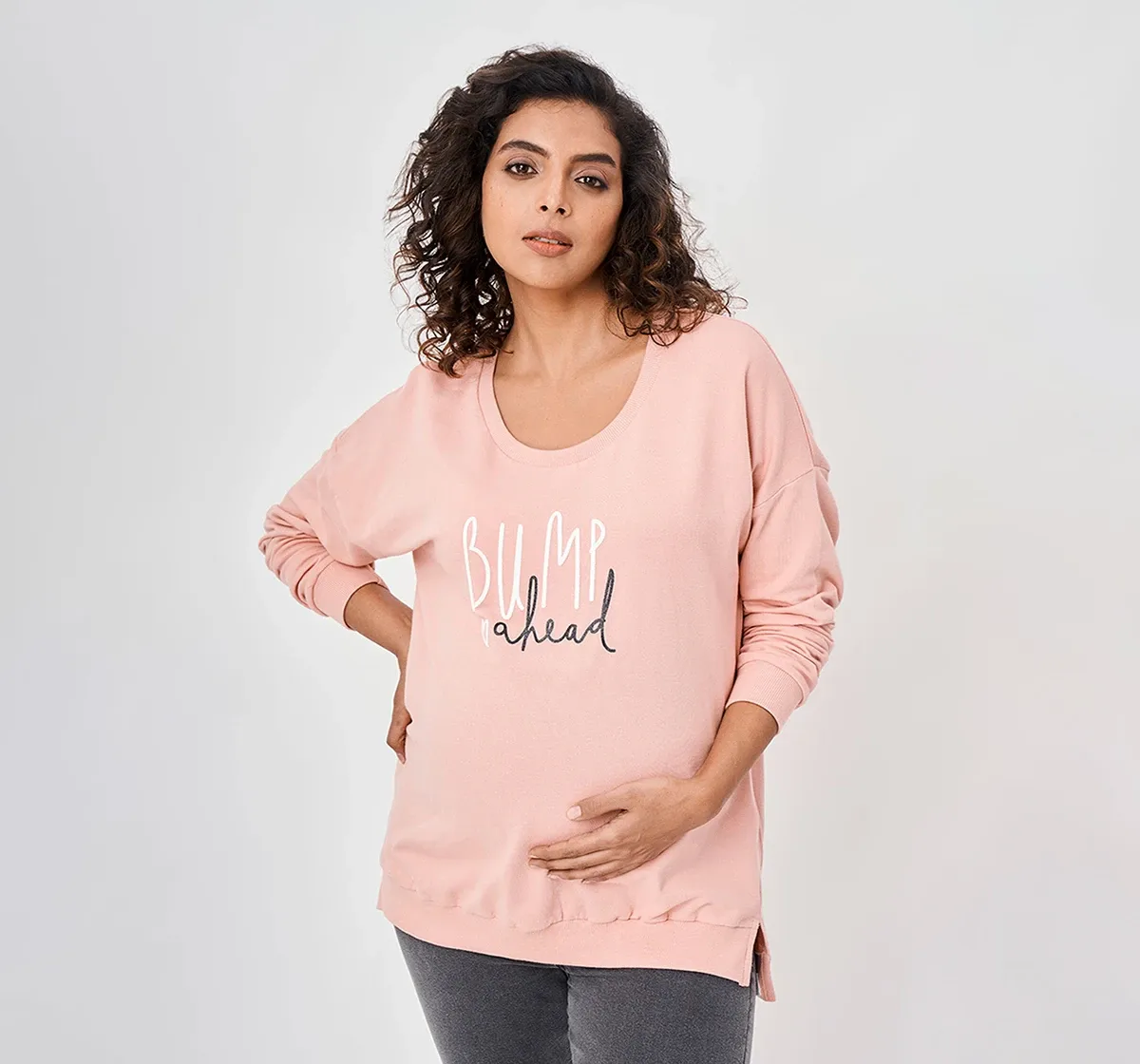 Maternity  Women Chest Printed Full Sleeves Sweatshirt -Pink