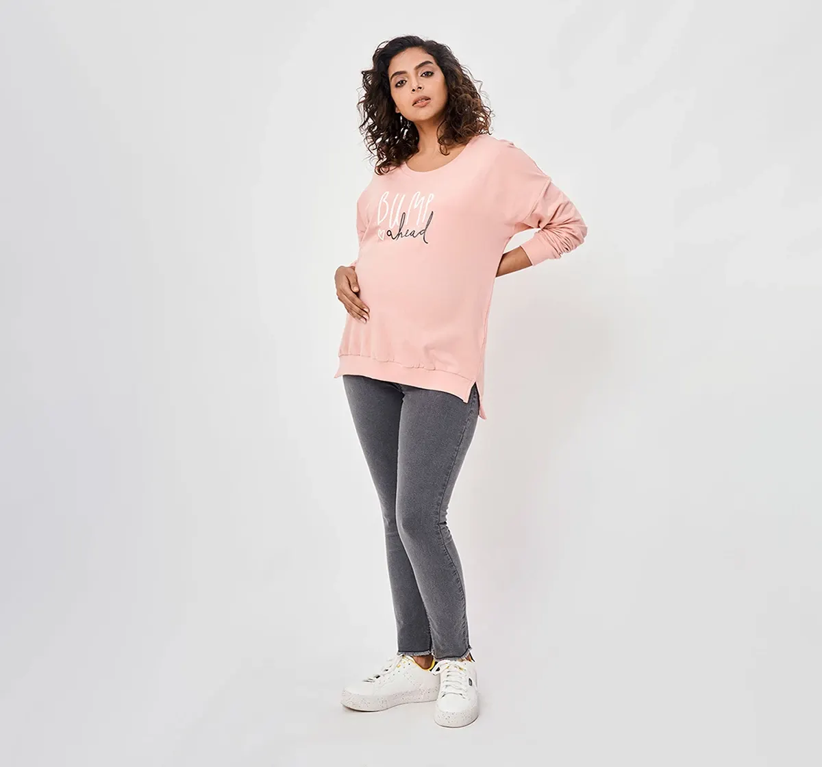 Maternity  Women Chest Printed Full Sleeves Sweatshirt -Pink