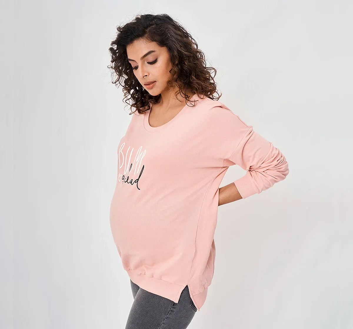 Maternity  Women Chest Printed Full Sleeves Sweatshirt -Pink