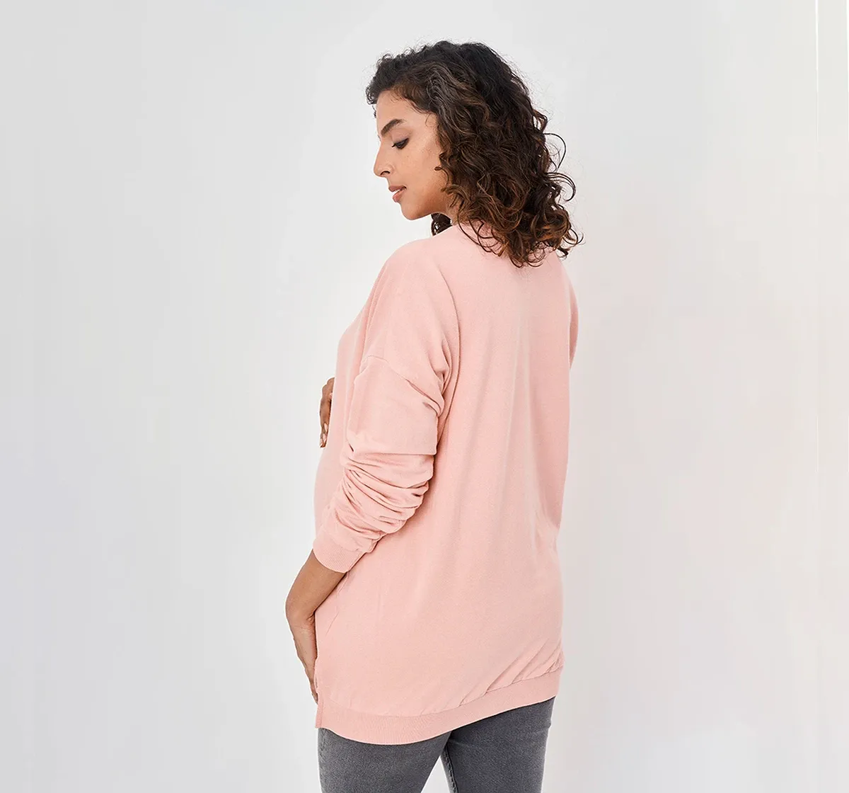Maternity  Women Chest Printed Full Sleeves Sweatshirt -Pink