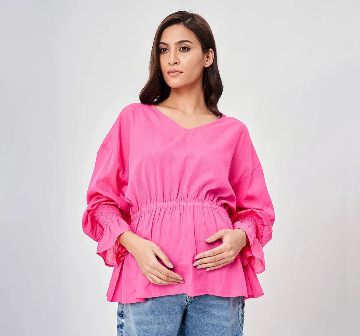 Maternity Solid Full Sleeves Tops -Pink