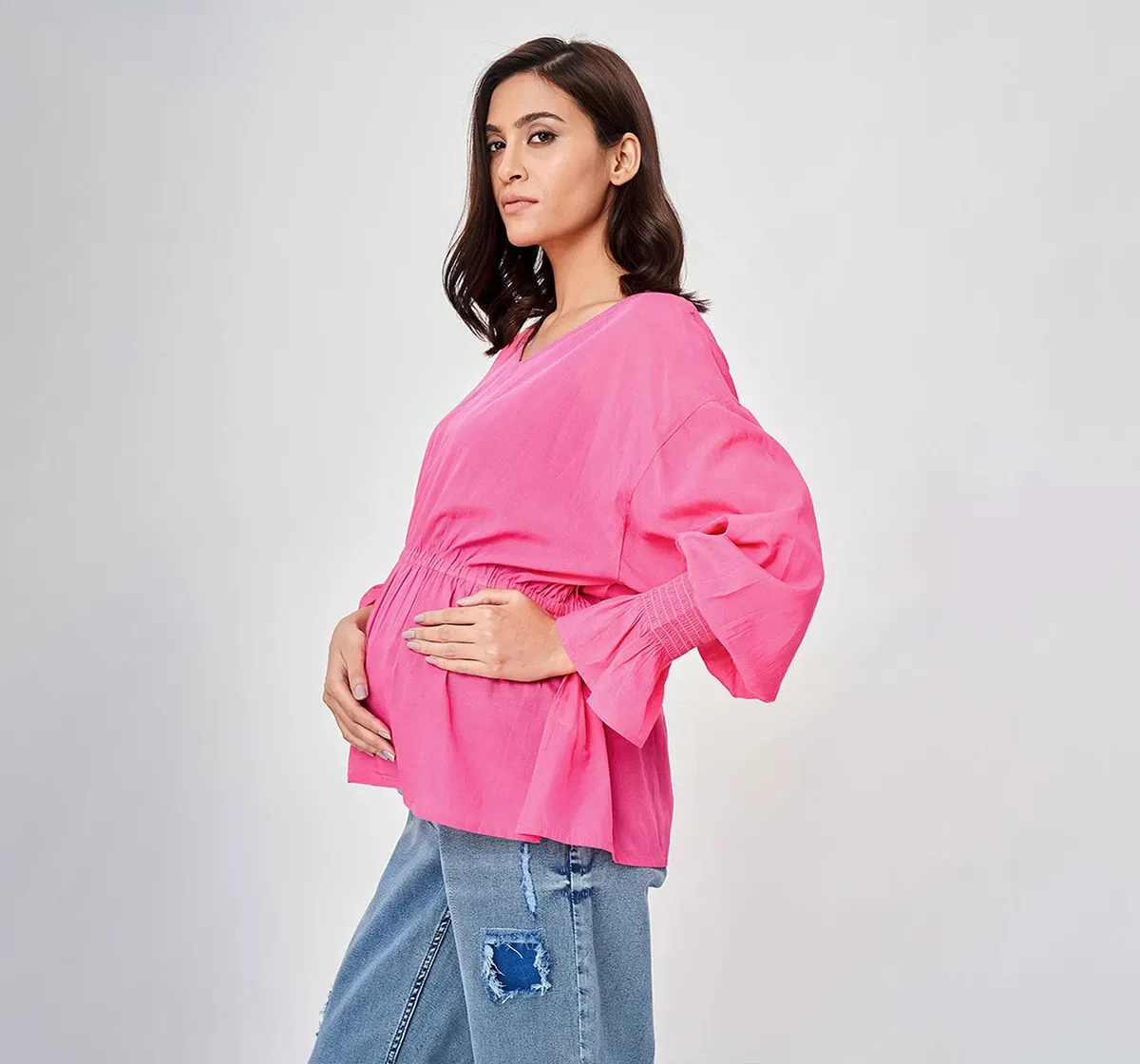 Maternity Solid Full Sleeves Tops -Pink