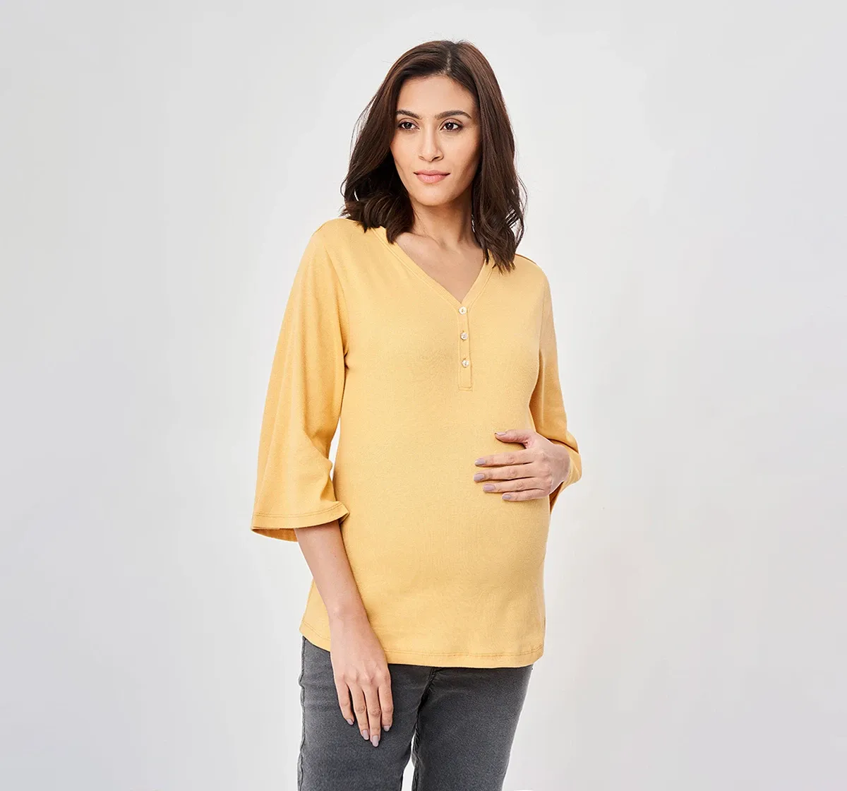 Maternity Flared Full Sleeves T-Shirt -Mustard