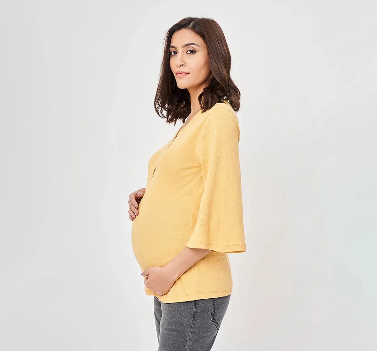 Maternity Flared Full Sleeves T-Shirt -Mustard