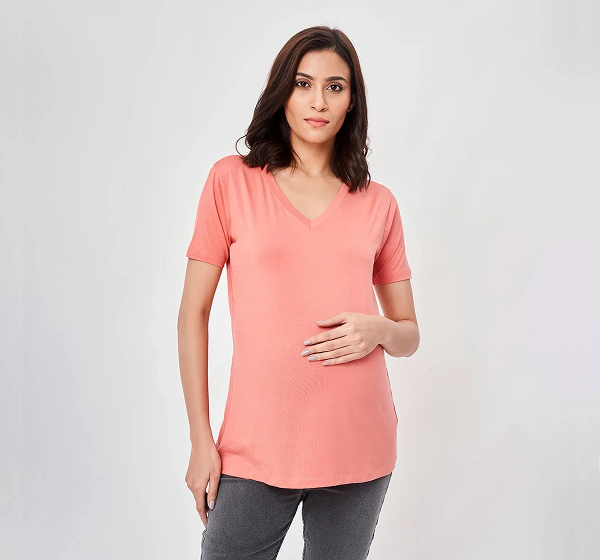 Maternity V-neck Half-Sleeves T-Shirt -Pink