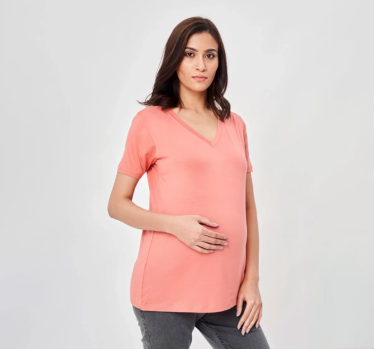 Maternity V-neck Half-Sleeves T-Shirt -Pink