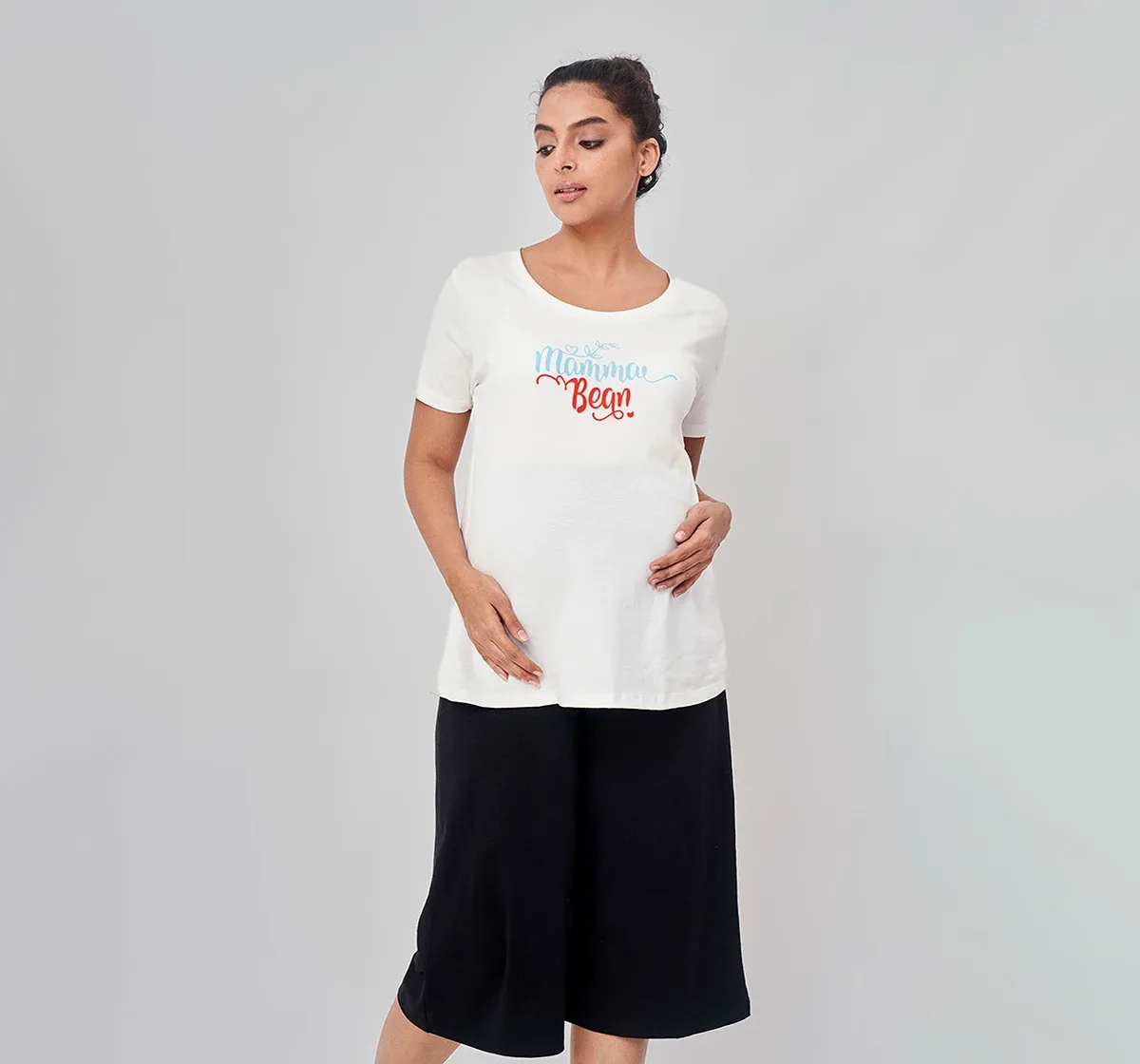 Maternity Chest Printed Half-Sleeves T-Shirt -White