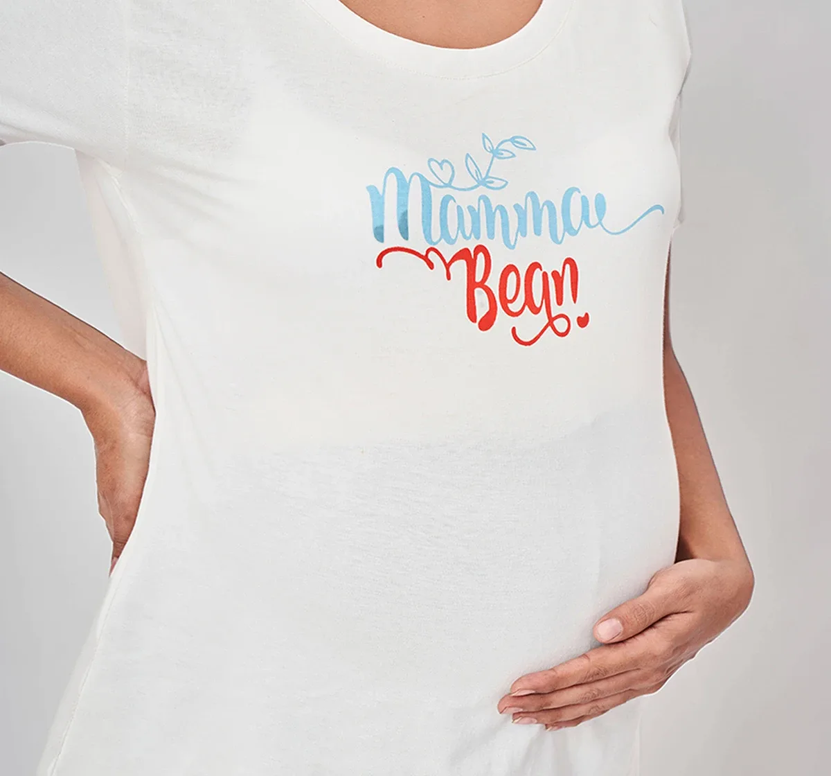 Maternity Chest Printed Half-Sleeves T-Shirt -White
