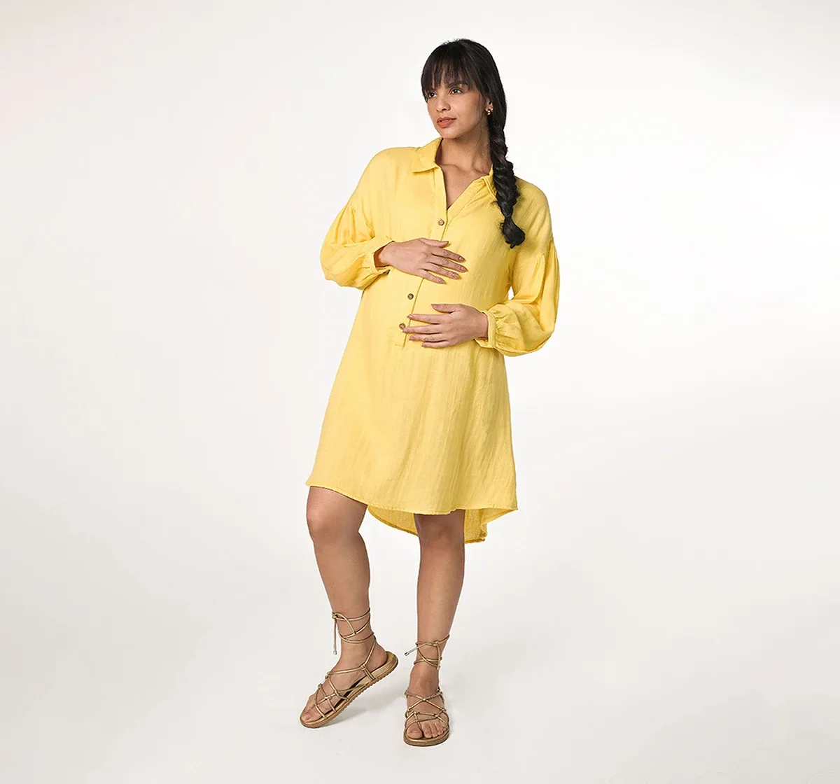 Maternity Asymetric Hem Full Sleeves Dress -Yellow