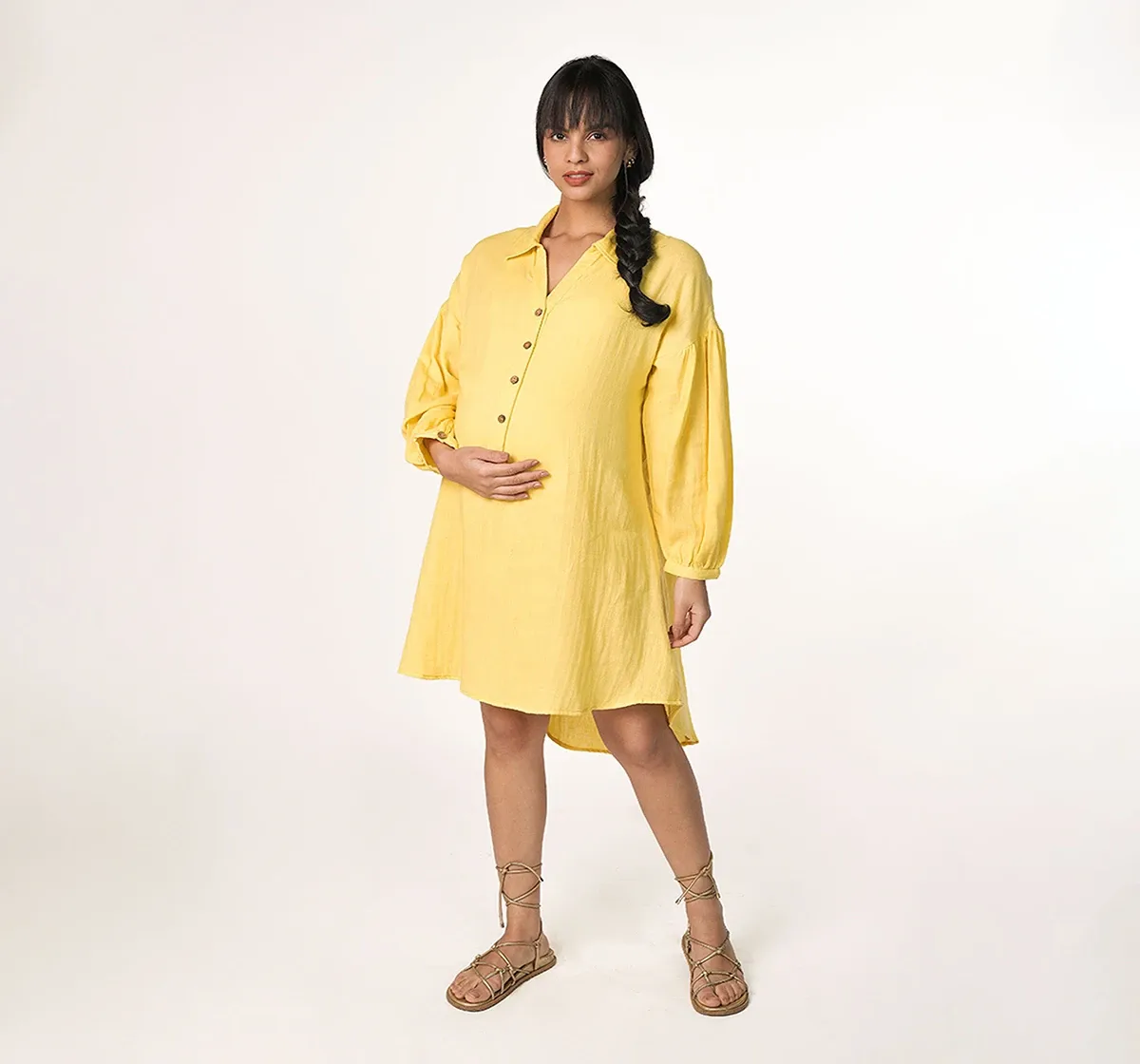 Maternity Asymetric Hem Full Sleeves Dress -Yellow