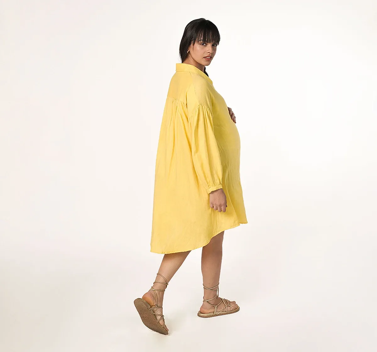Maternity Asymetric Hem Full Sleeves Dress -Yellow