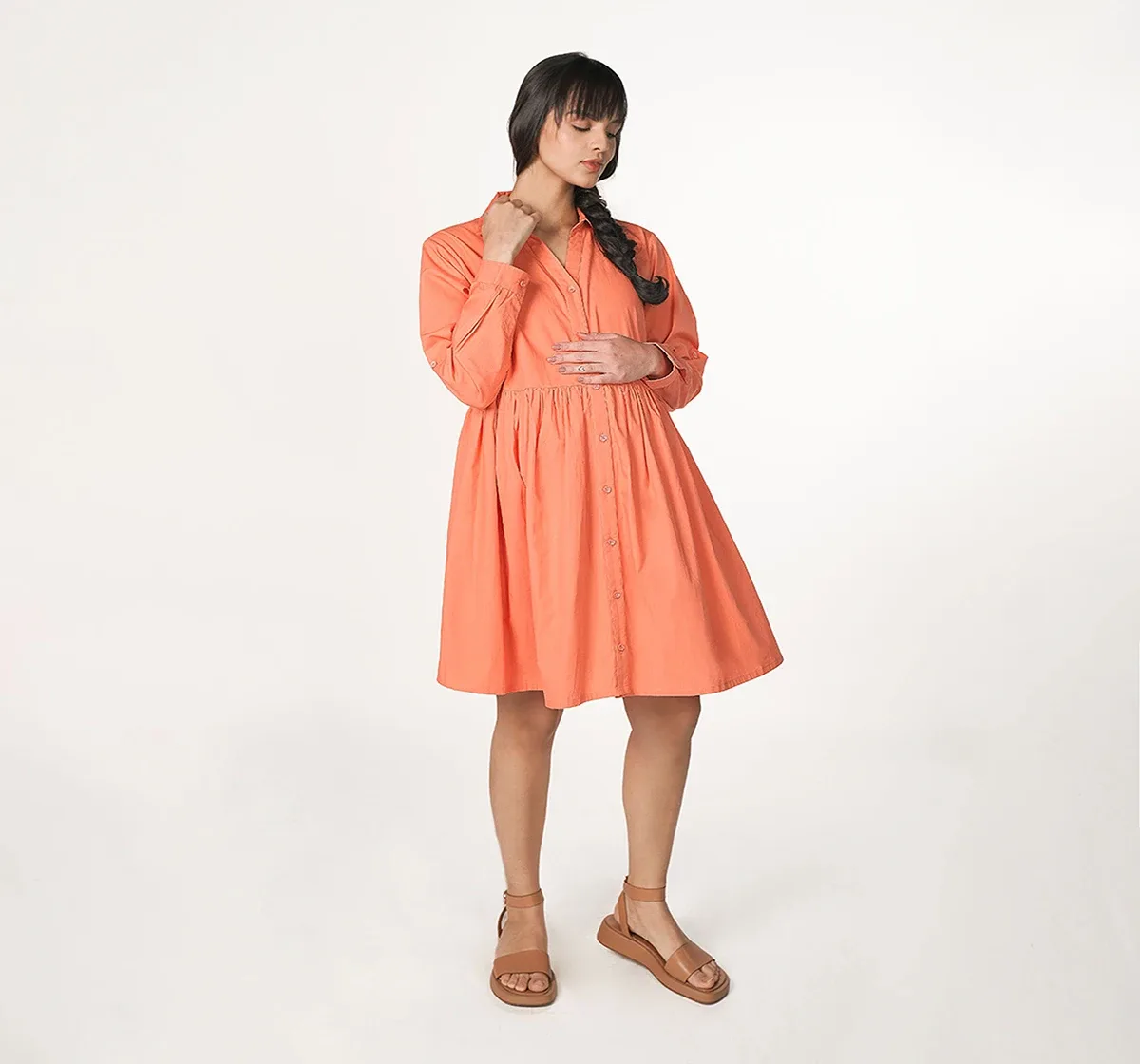 Maternity Empire Line Full Sleeves Dress -Orange