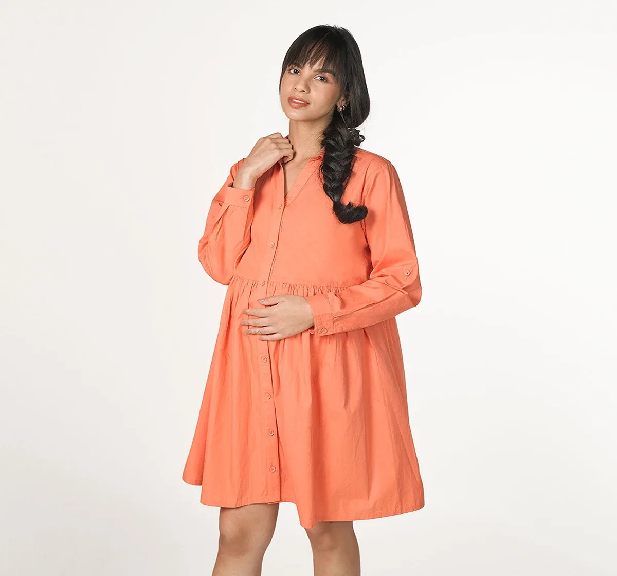 Maternity Empire Line Full Sleeves Dress -Orange