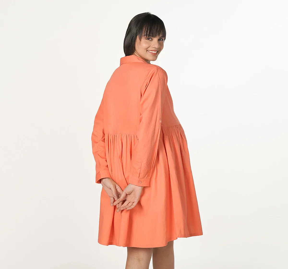 Maternity Empire Line Full Sleeves Dress -Orange