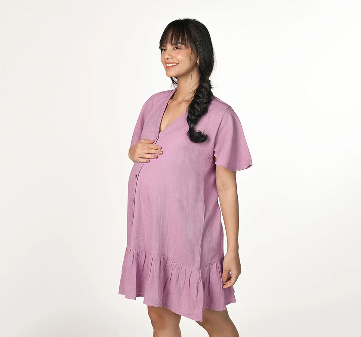 Maternity Flared Half-Sleeves Dress -Lilac