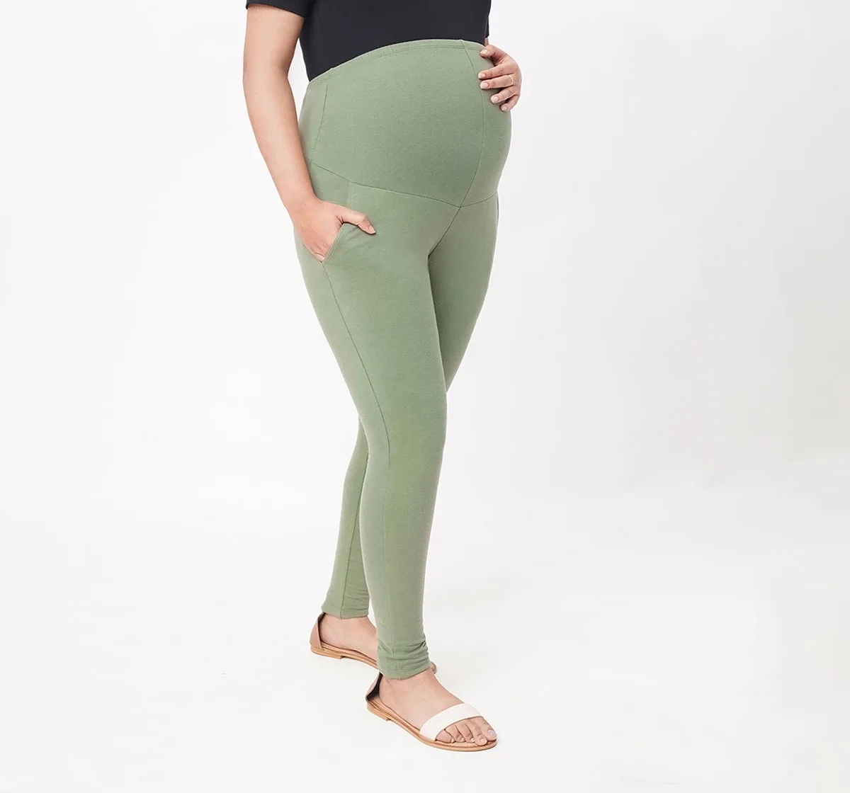 Maternity With Side-Pockets Leggings -Olive