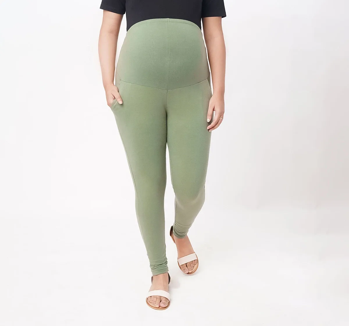 Maternity With Side-Pockets Leggings -Olive