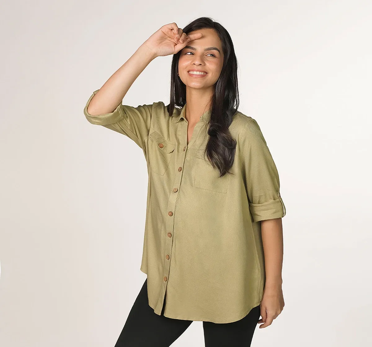 Maternity Rolled-up sleeves Full Sleeves Tops -Olive