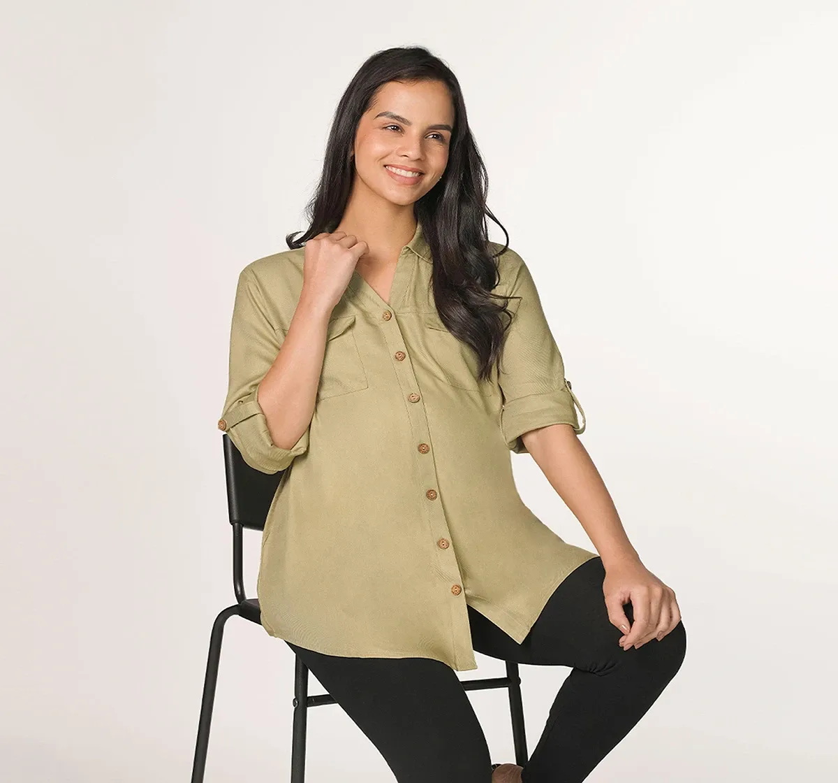 Maternity Rolled-up sleeves Full Sleeves Tops -Olive