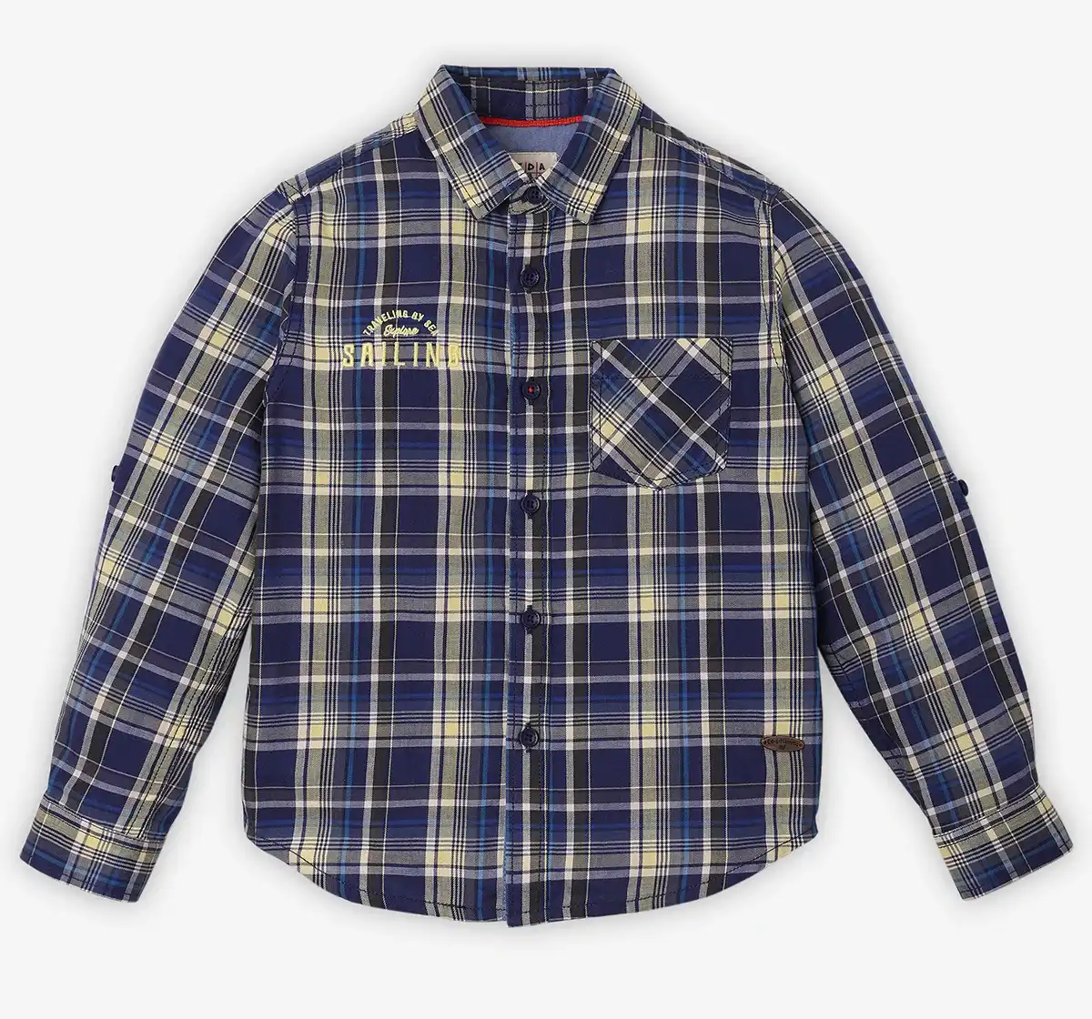 Boys Checkered Embroidered 100% Cotton Shirt - Blue