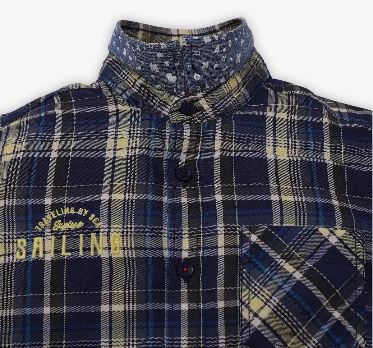 Boys Checkered Embroidered 100% Cotton Shirt - Blue