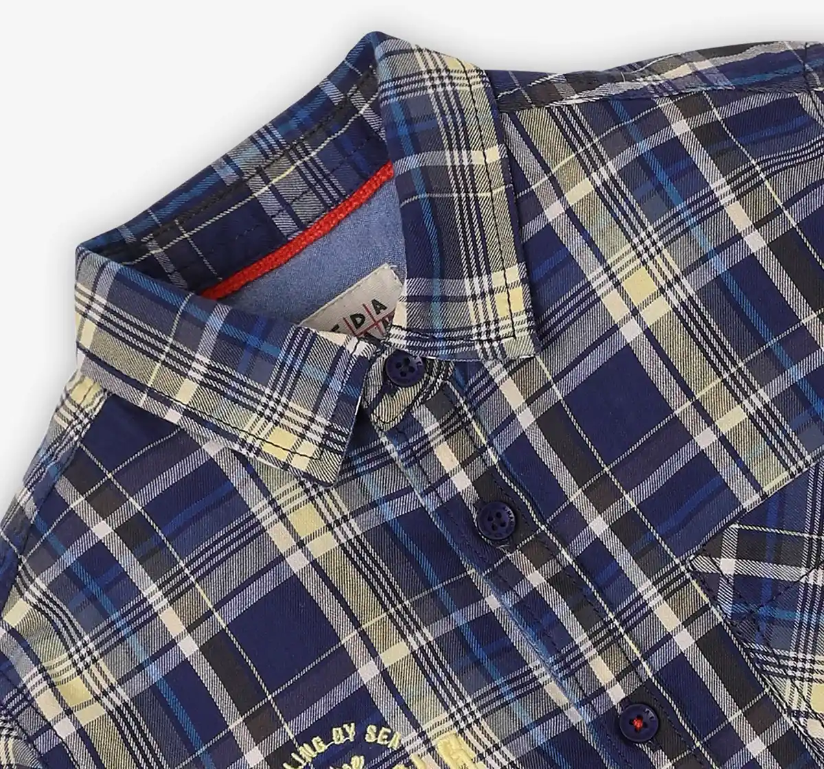Boys Checkered Embroidered 100% Cotton Shirt - Blue