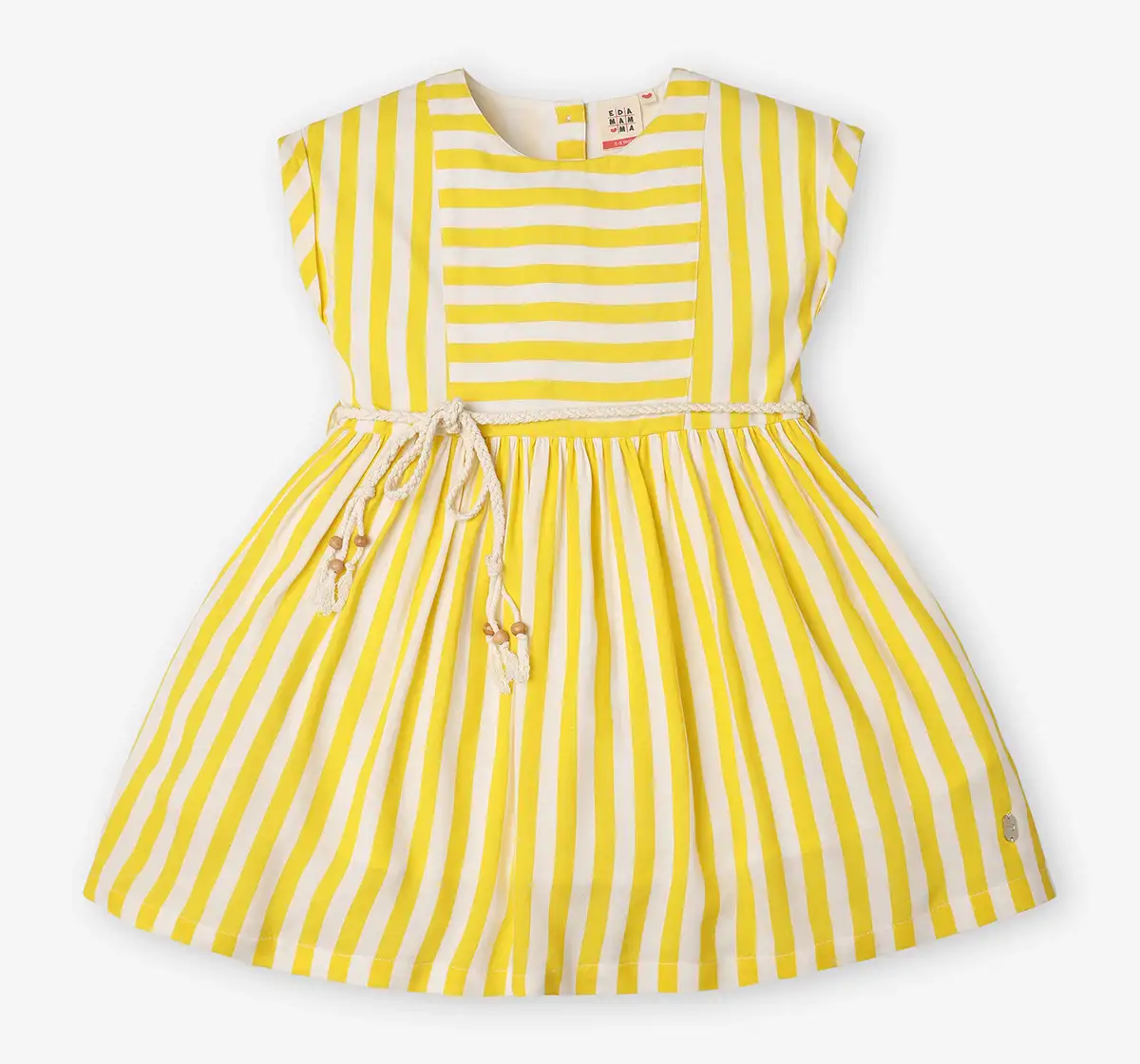 Girls Striped 100% Cotton Dress - Yellow