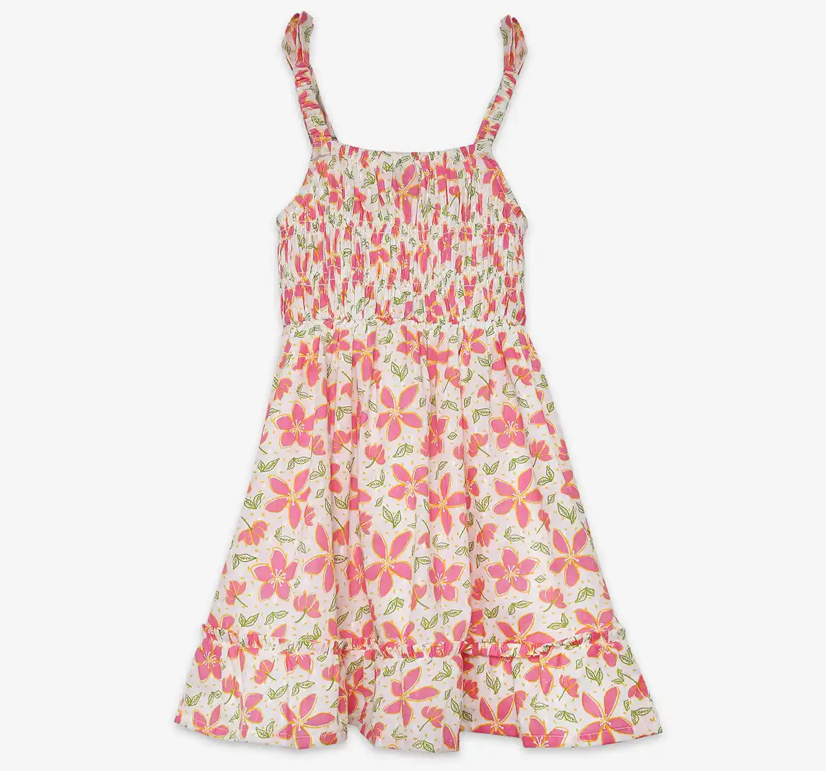 Girls Smocked Printed Dress - White