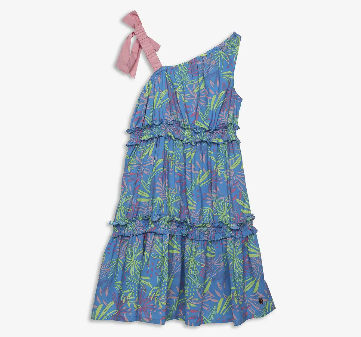 Girls Printed One Shoulder Dress - Multicolor