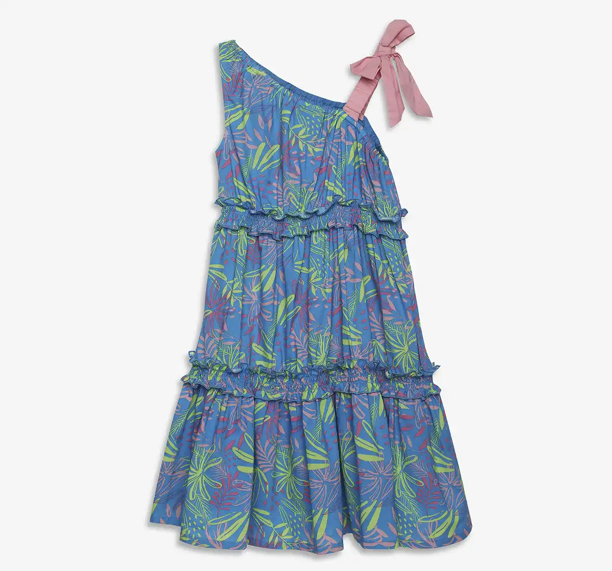 Girls Printed One Shoulder Dress - Multicolor