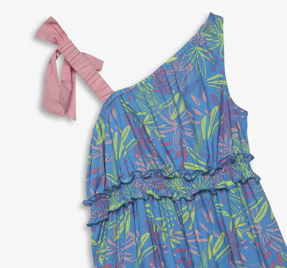 Girls Printed One Shoulder Dress - Multicolor