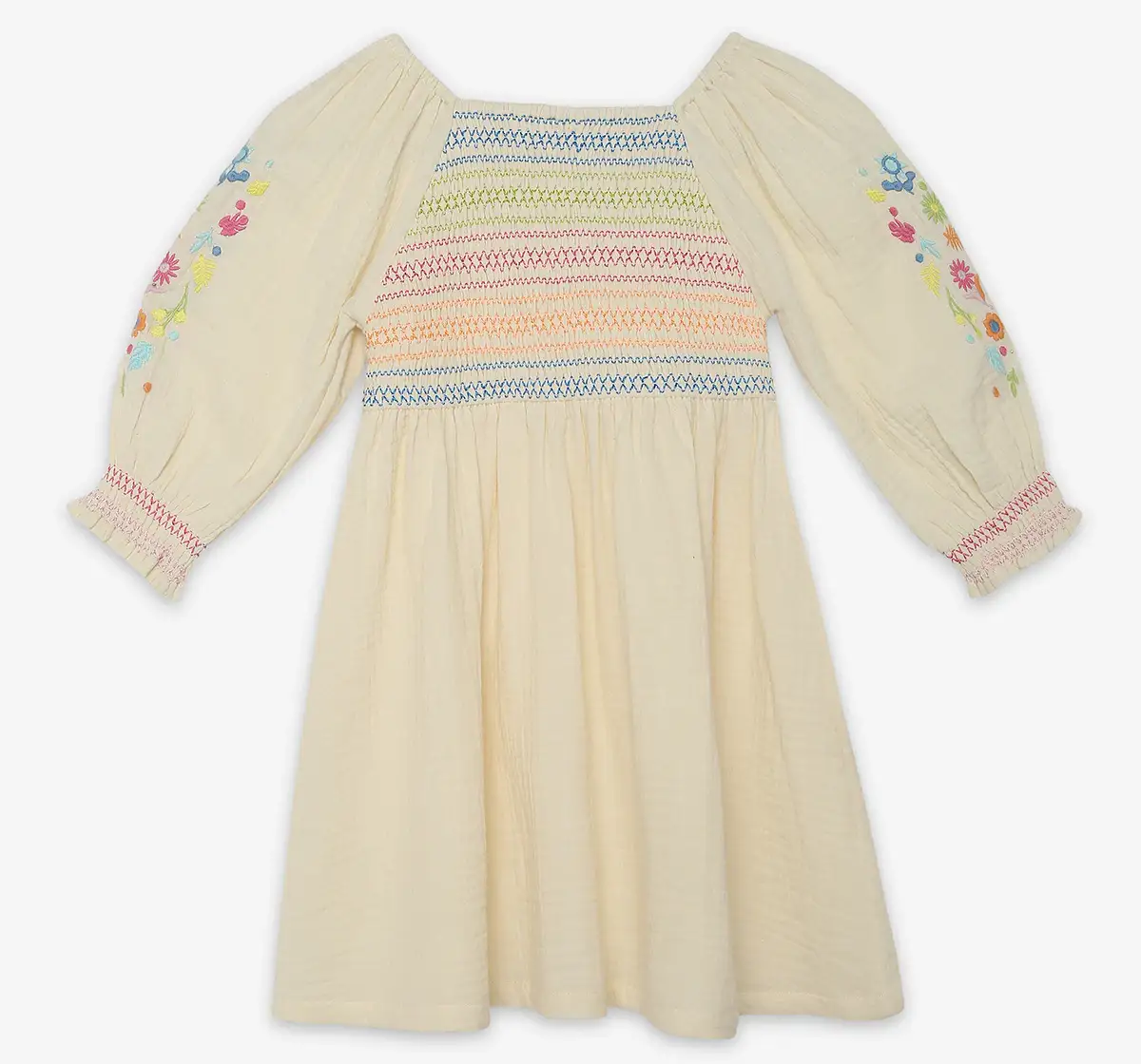 Girls Embroidered 100% Cotton Smocked Dress - Off White