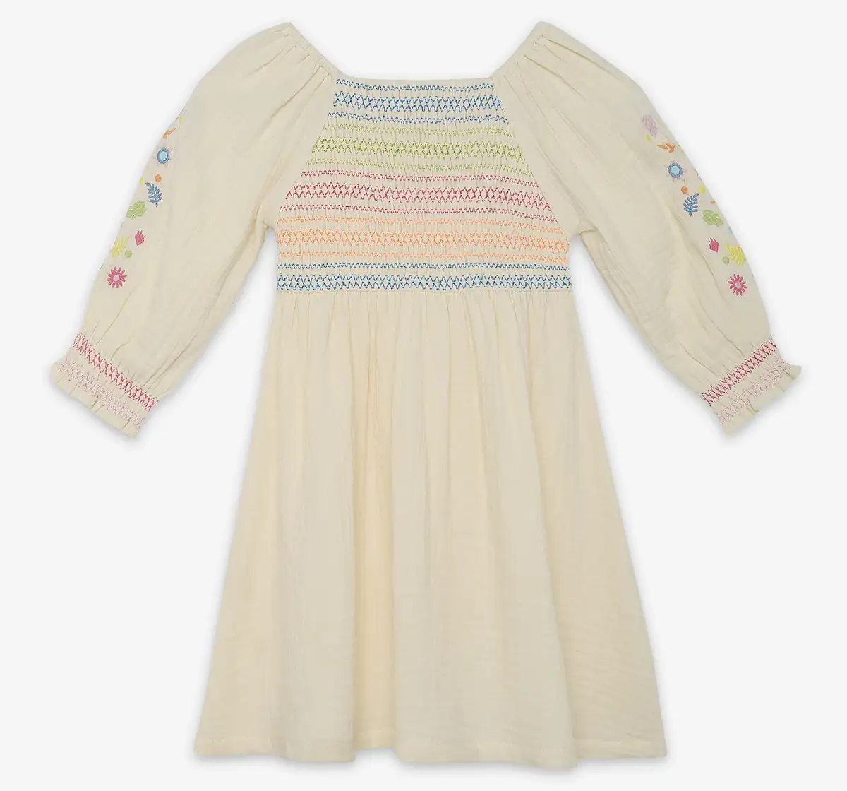 Girls Embroidered 100% Cotton Smocked Dress - Off White