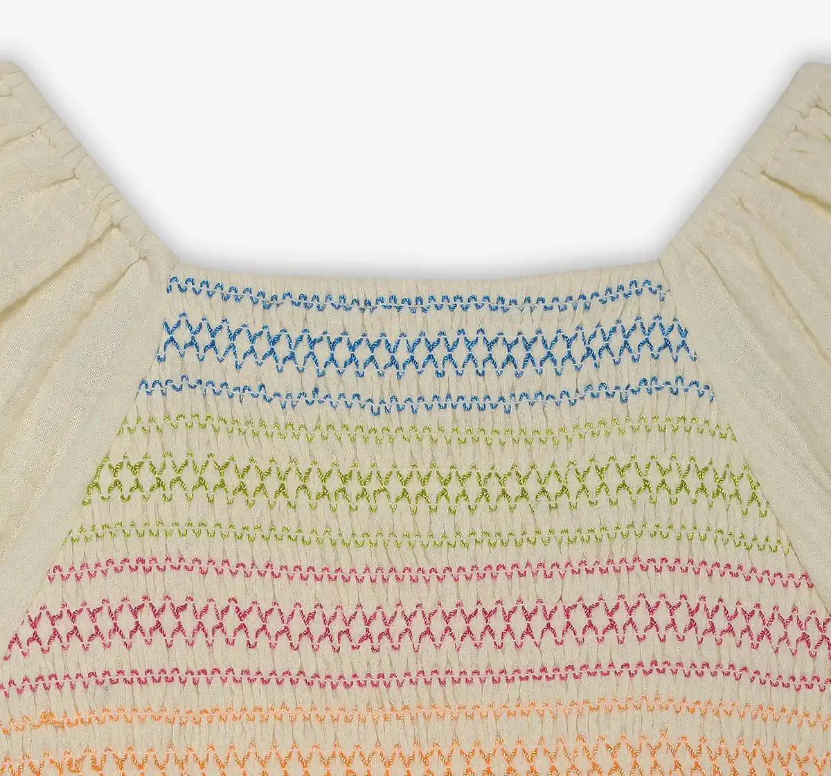 Girls Embroidered 100% Cotton Smocked Dress - Off White