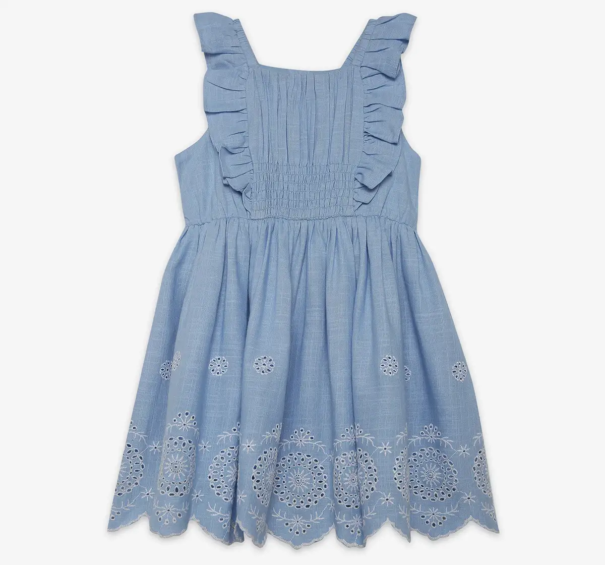 Girls Schiffli Embroidered Dress- Blue
