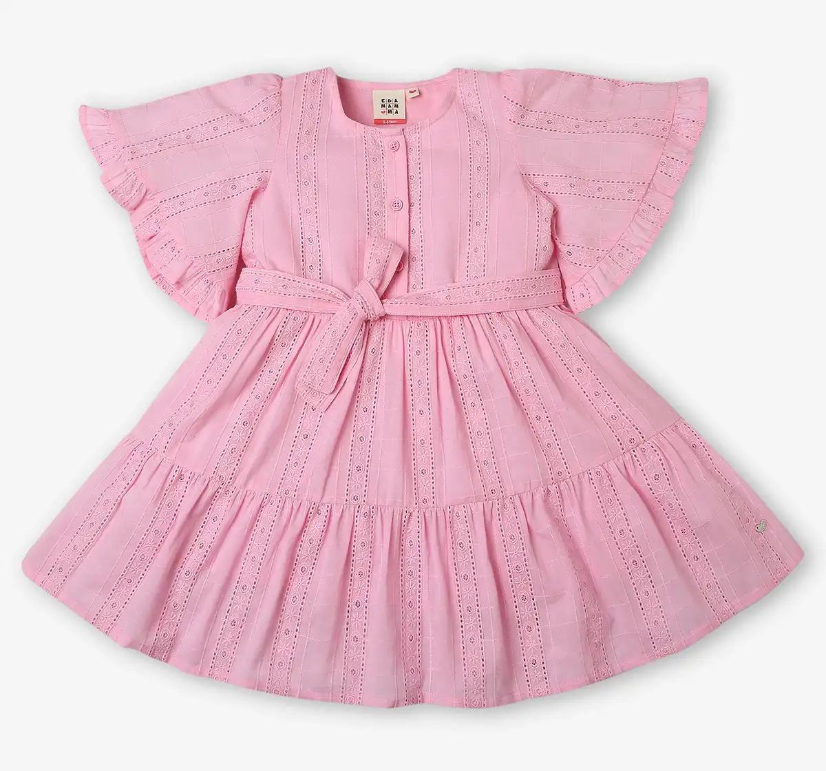 Girls Schiffli Tie Up Dress - Pink