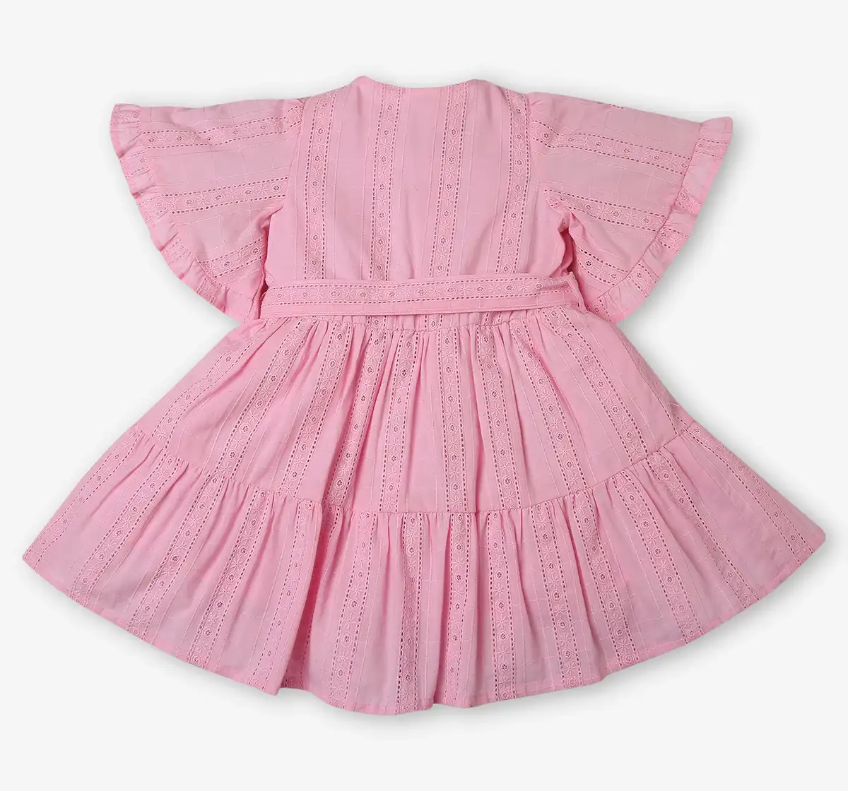 Girls Schiffli Tie Up Dress - Pink