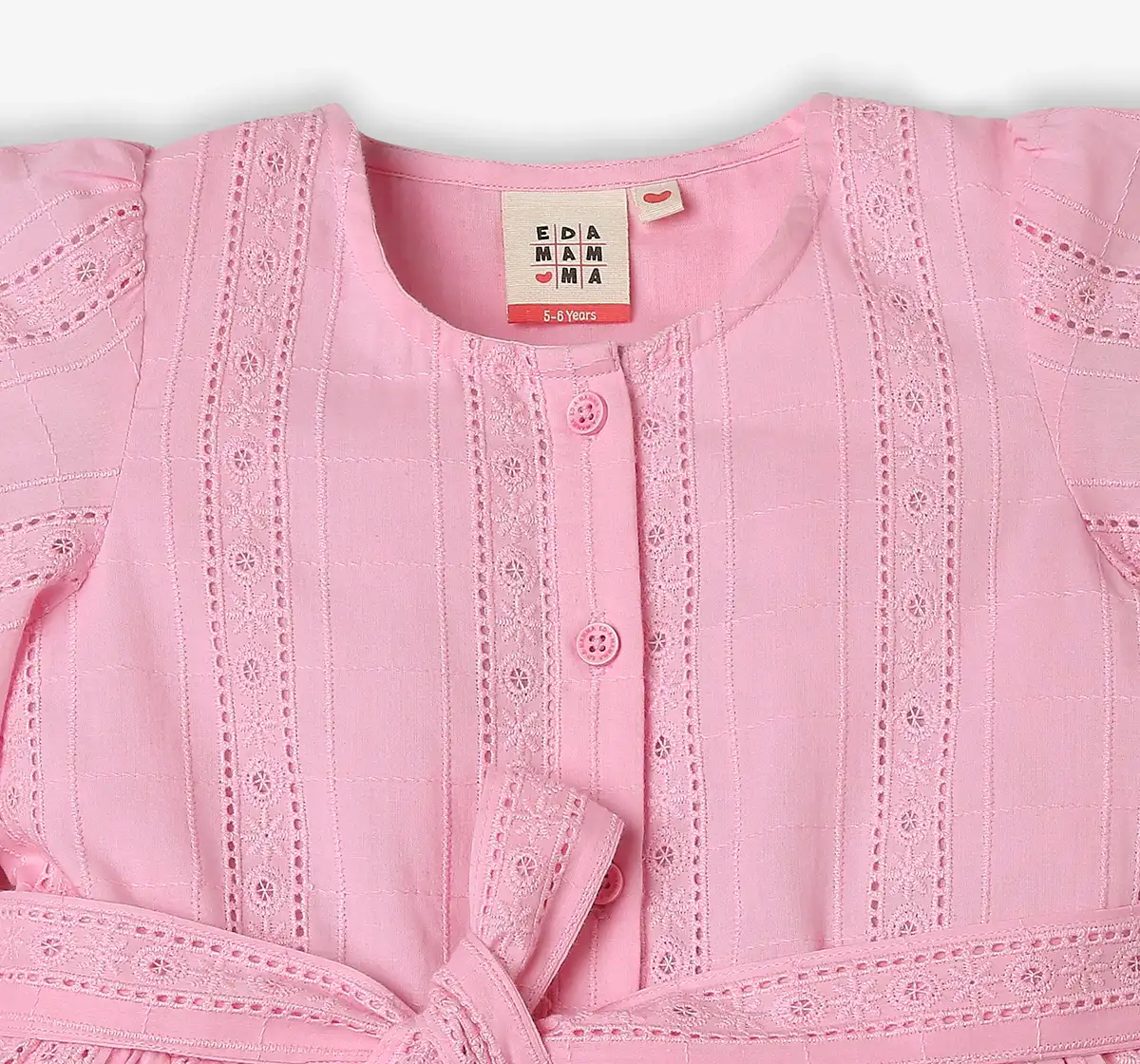 Girls Schiffli Tie Up Dress - Pink