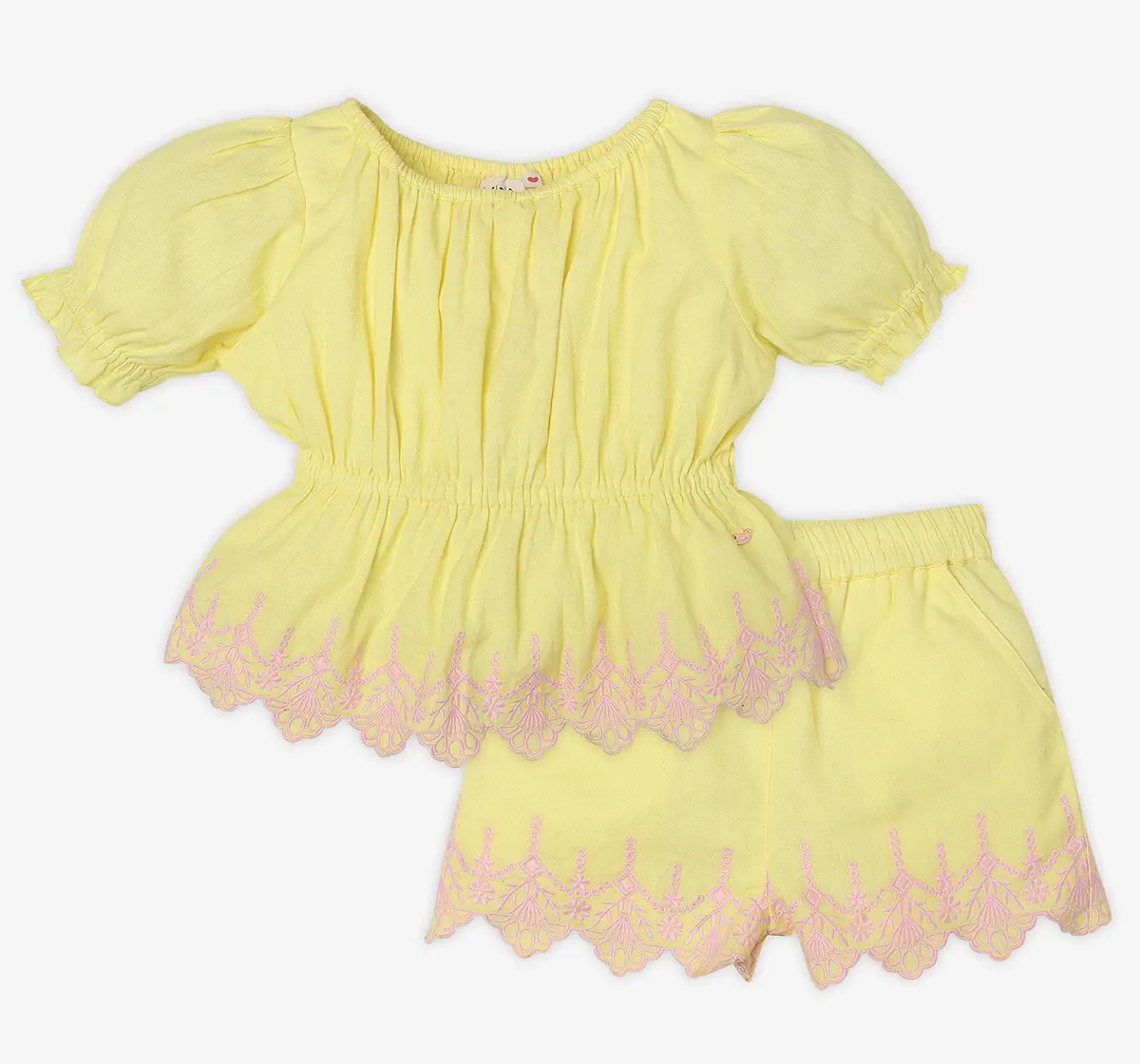 Girls Embroidered Co-Ord Set - Yellow