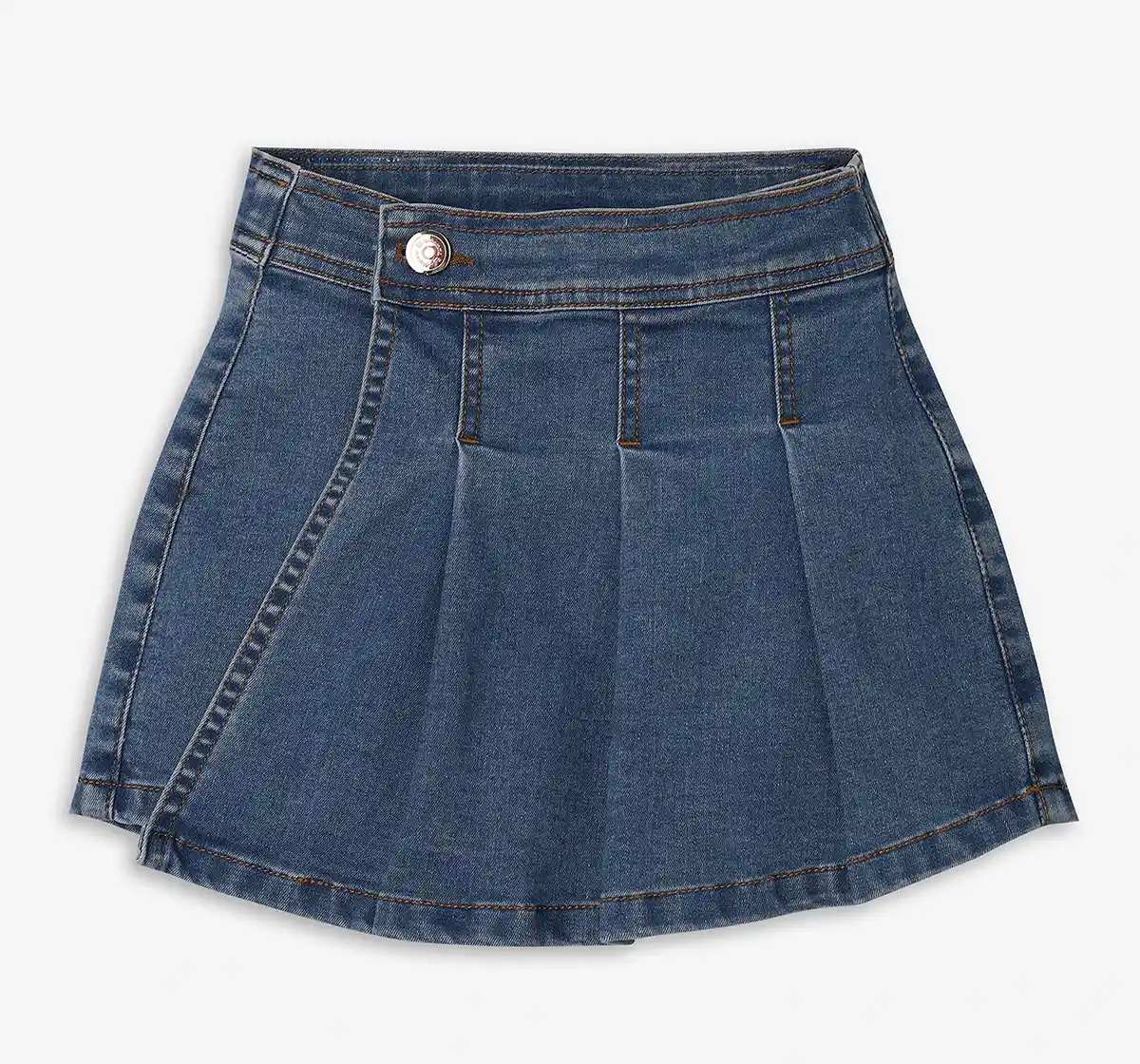 Girls 100% Cotton Pleated Skirt - Mid Blue