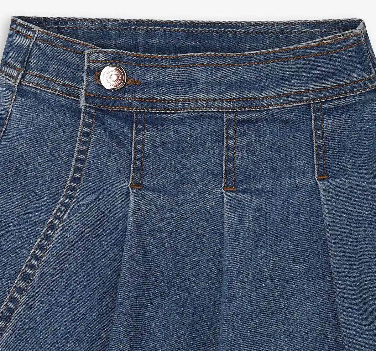 Girls 100% Cotton Pleated Skirt - Mid Blue