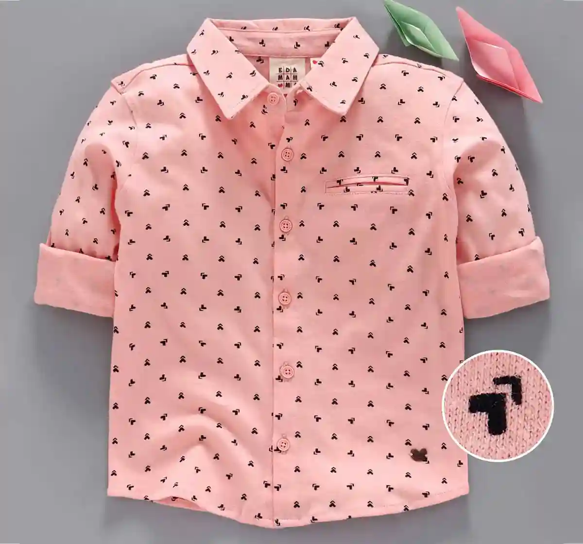 Printed Shirt With Roll Up Sleeve - Peach