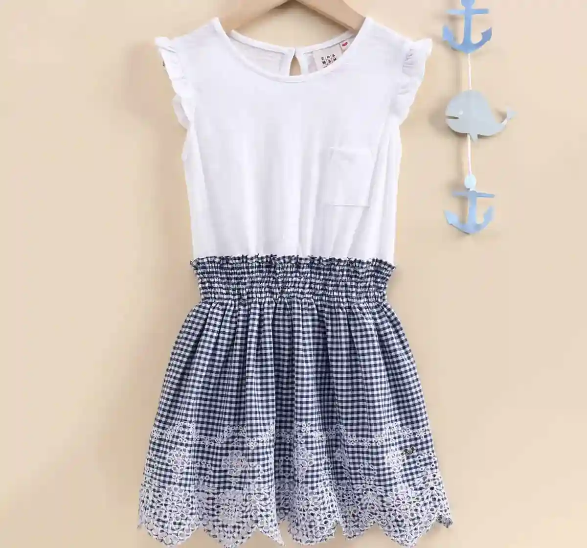 Girls Schifly Dress With Smocking - White  Navy